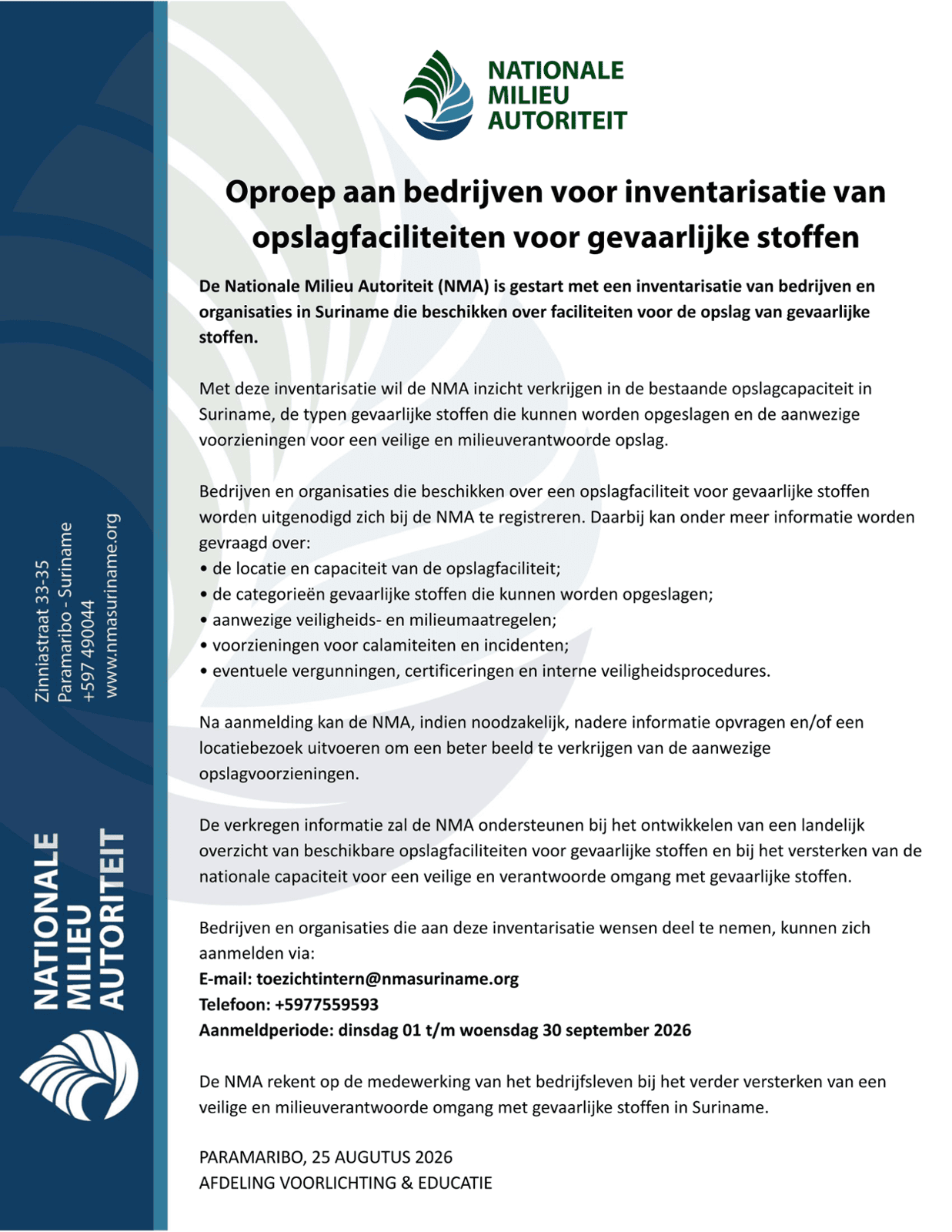 Oproep aan bedrijven voor Inventarisatie van Opslagfaciliteiten voor Gevaarlijke stoffen